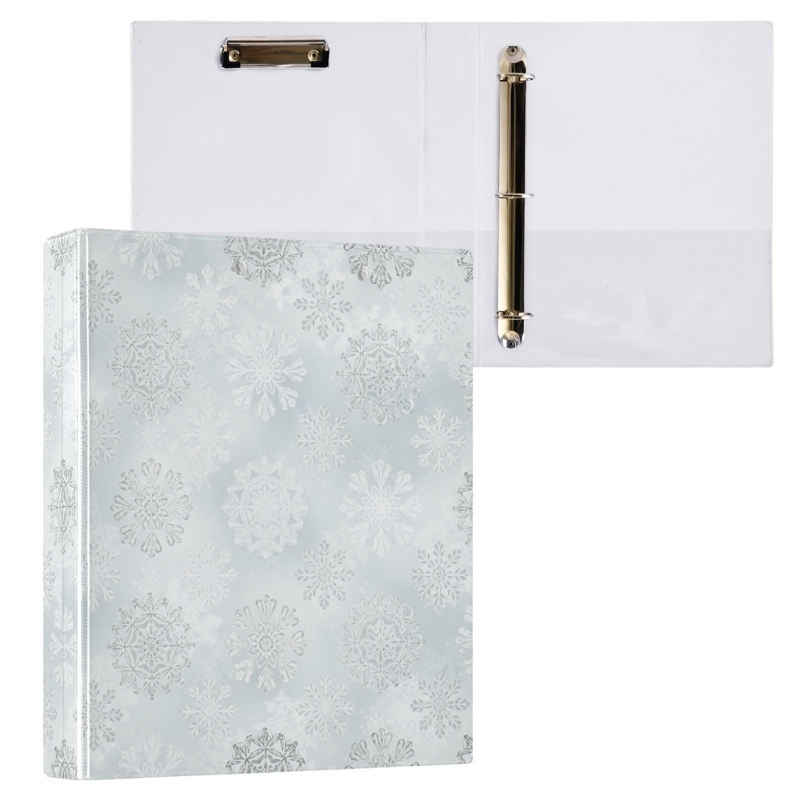 Carpeta de 3 anillos, carpeta de anillos en D de copos de nieve blancos y plateados, paquete de 2 | Con portapapeles y bolsillos, para escuela, universidad, oficina