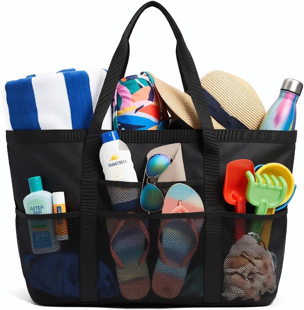 Mesh Beach Bags for Women, Large Beach Tote with Zipper Pocket, Beach Tote Bag Waterproof with Inner Pocket for Pool Swim Travel Everyday