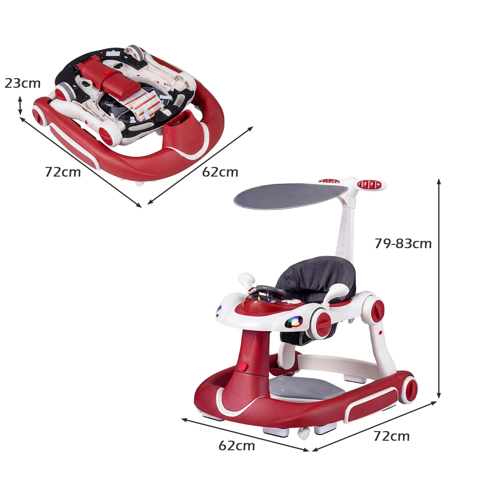 LIFEZEAL 6 in 1 girello per bambini con tettuccio, Girello Trasformabile, Pieghevole, altezza e velocità regolabili, Baby Walker con luce, musica, Portata 12 kg, per Bambini 7-18 Mesi (rosa) - 2