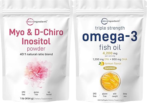 Micro Ingredients Aceite de pescado Omega-3 4,200 mg cápsulas blandas y polvo de inositol Myo y D-Chiro, paquete de 2 unidades  Pescado capturado en