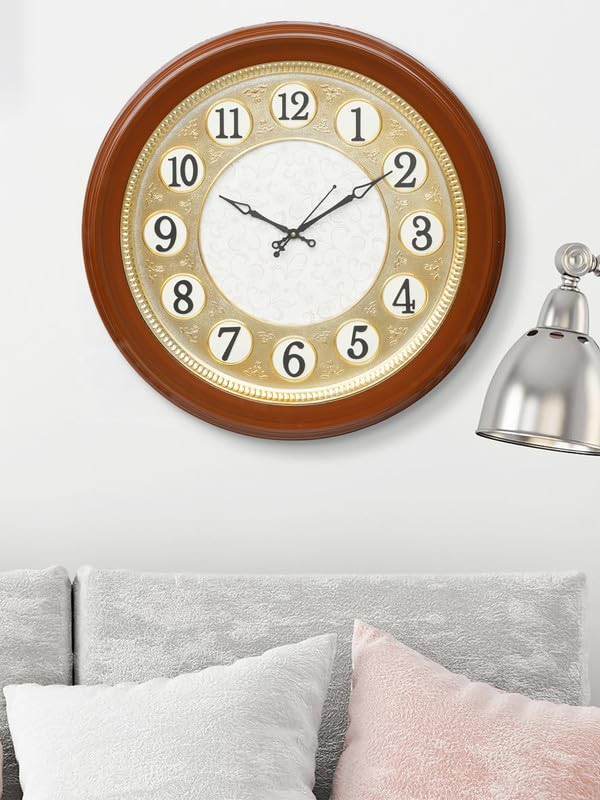 Image of CHRONIKLE Modern Stylish Non Ticking Silent Analog Round Plastic Wall Clock for Home, Living Room, Bedroom, Office, and Kitchen (Brown) (51 x 5 x 51 CM : Weight - 1780 Grm)