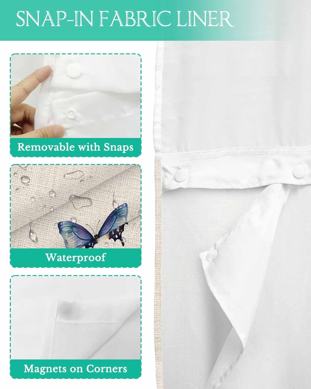 No Hook Shower Curtain with Snap in Fabric Liner Set-Colorful Lavender Daisy on Linen Bathroom Curtains with See Through Mesh Top Window,Summer Flower Waterproof Double Shower Curtain 36x72In