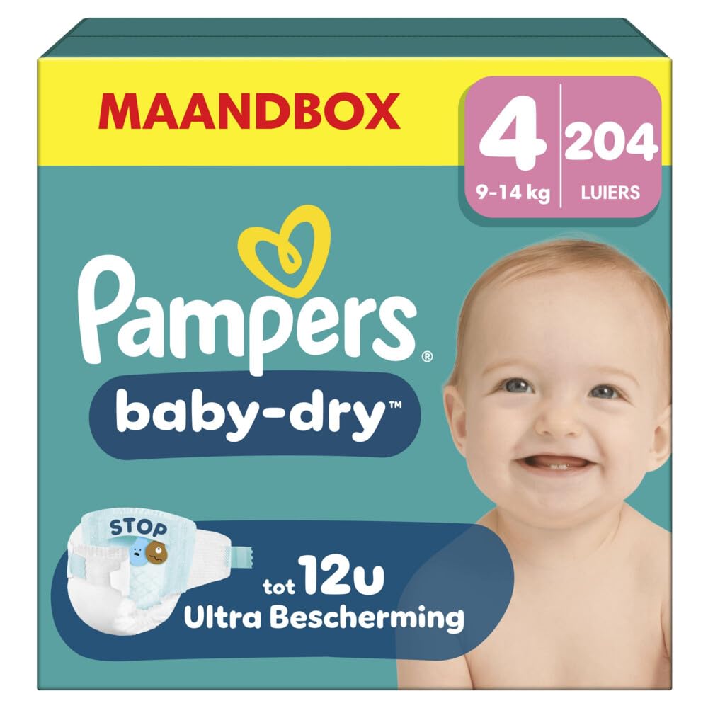 Pampers Nappies Size 4 (9-14 kg) Baby-Dry, Maxi, Monthly Box, Up to 12 Hours All-Round Leak Protection, Pack of 204
