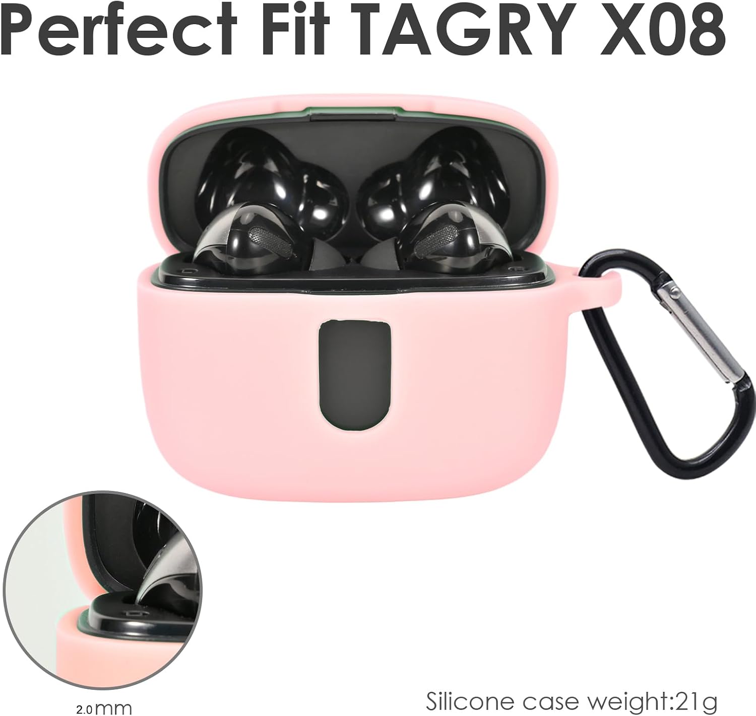 Premium Silicone Case for TAGRY X08 Wireless Earbuds with Carabiner. (Pink)