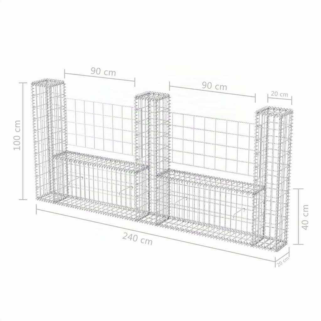 vidaXL Gabionenkorb U-Form Stahl 240×20×100 cm
