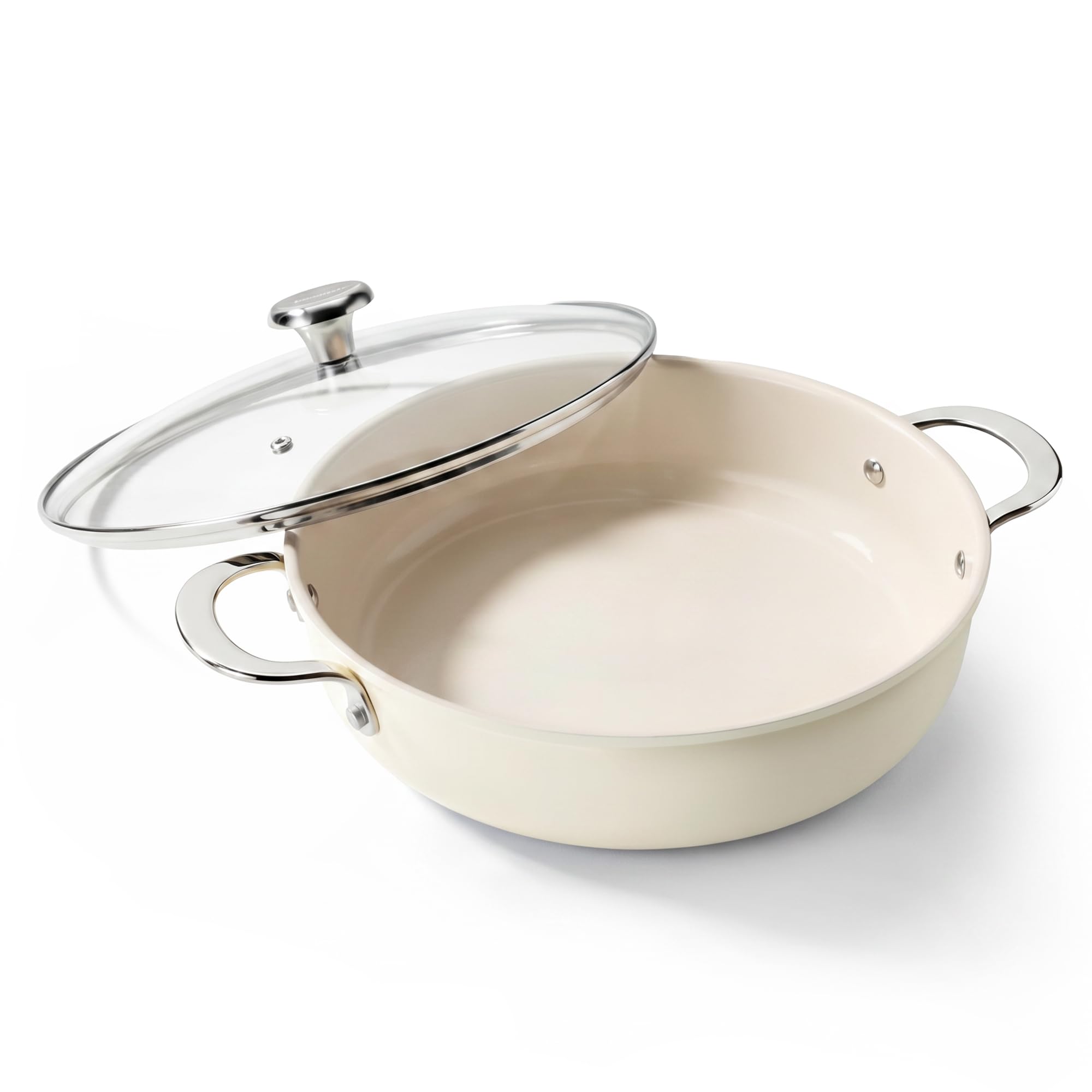 Redchef Padella per stufare, 28 cm, bordo alto, con coperchio, 3,85 l, antiaderente in ceramica, senza PFOA/PTFE/PFAS, manico in acciaio inox, lavabile in lavastoviglie, per cucinare arrosti, beige