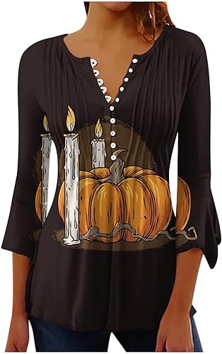 symoid Camisas de manga 34 de Halloween para mujer, con estampado gótico, botones, blusas de otoño, tallas grandes, camisetas de moda con gráficos