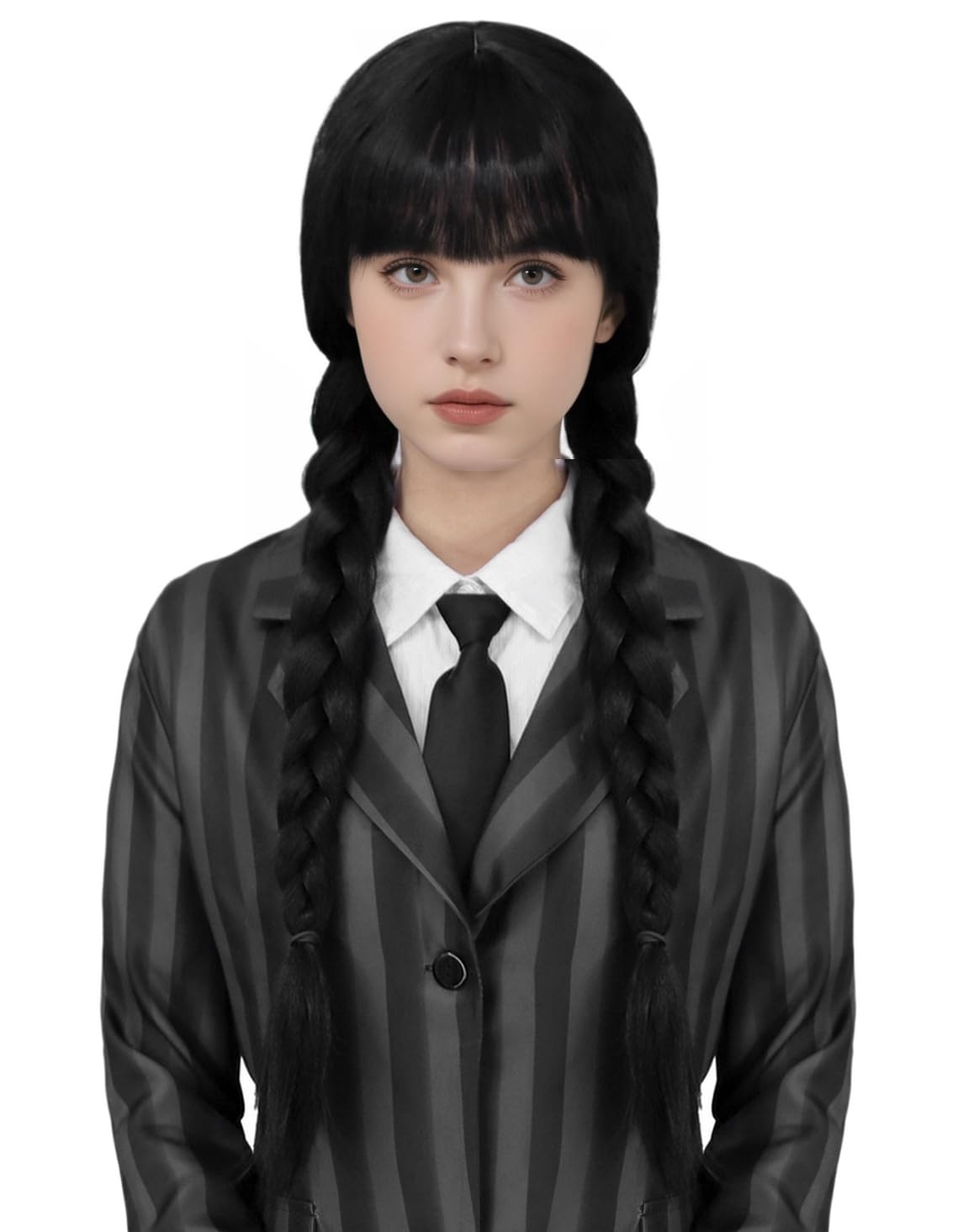 JZ025BK - Pelucas negras trenzadas para disfraz gótico para mujer, linda peluca negra suave con flequillo para disfraz de Halloween Cosplay 2