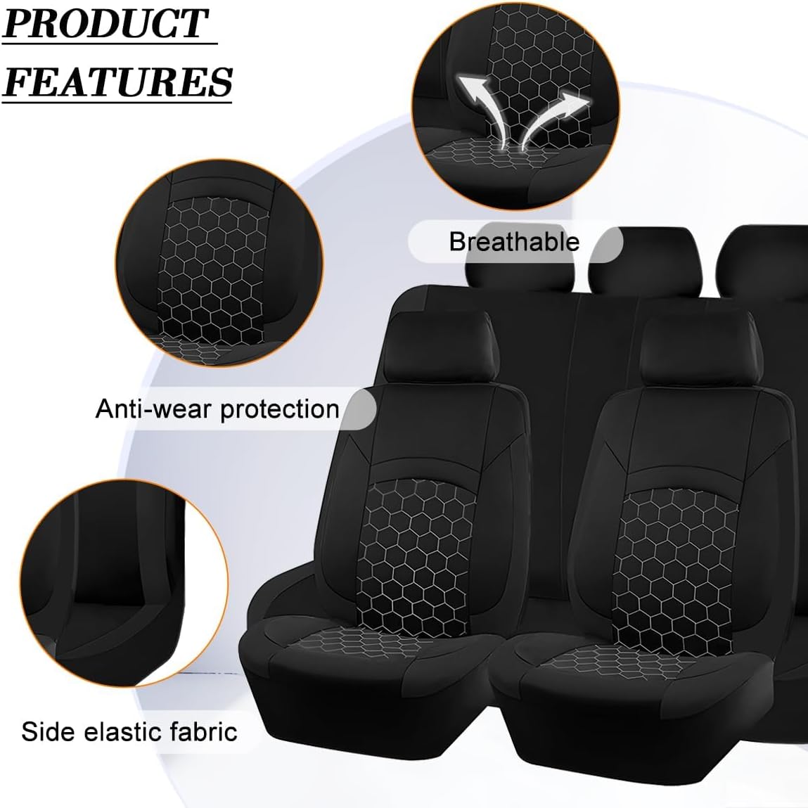 Car Seat Cover Full Sets, Polyester Foam Breathable Vehicle Split Front Rear Seat Protectors, Waterproof Automotive Interior Chair Cushion Pad Accessories, Universal Fit (Black)