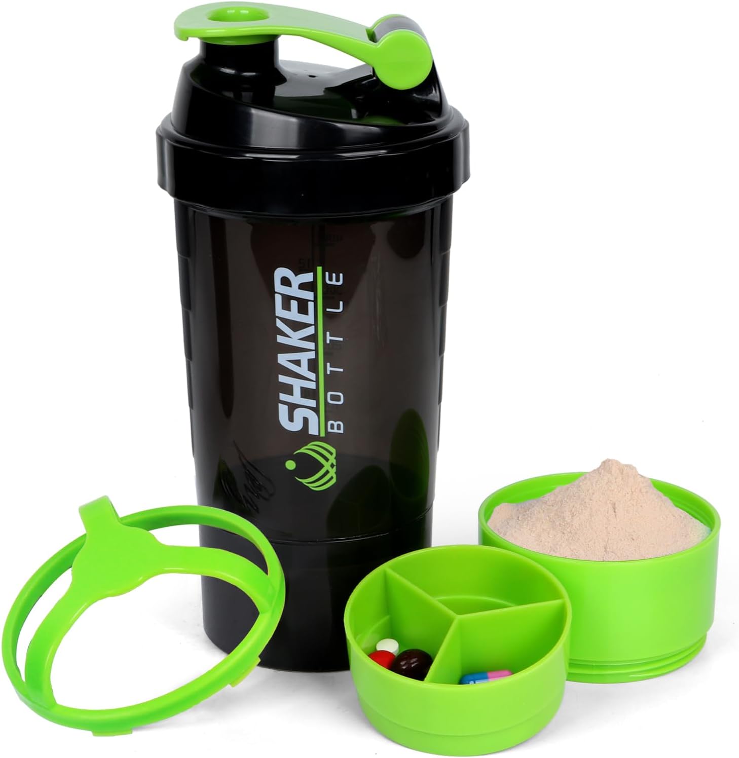 XTK Shaker Bottle 16OZ Protein Shaker Bottles with Mix Ball Portable Sports Water Bottle Leak Proof GYM Cup for Protein Mixes with Storage & Pill Organizer, Ideal for Pre Workout,BPA Free (Green)