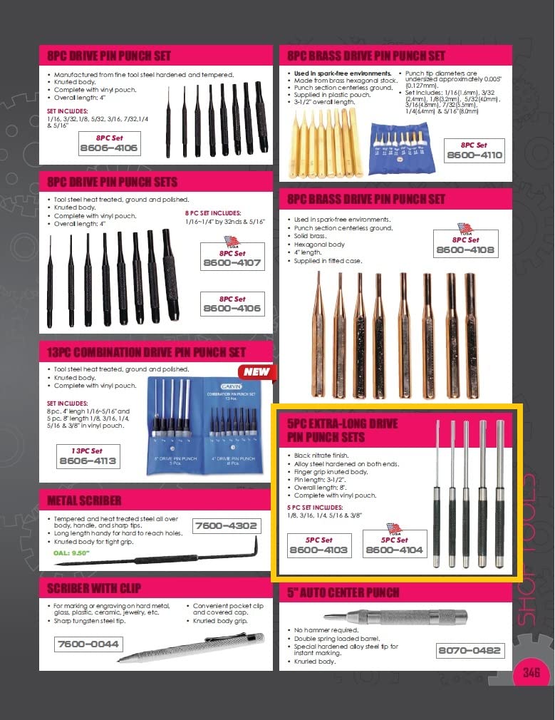 HHIP 8600-4103 5 Piece Extra-Long Drive Pin Punch Set with Black