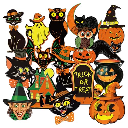 JarThenaAMCS 48 Pcs Vintage Halloween Cutouts Retro Pumpkin Witch Cat Cut-Outs Black Orange Paper Cutting with 100 Pcs Glue Points for Crafts Trick or Treat Party Classroom Bulletin Board