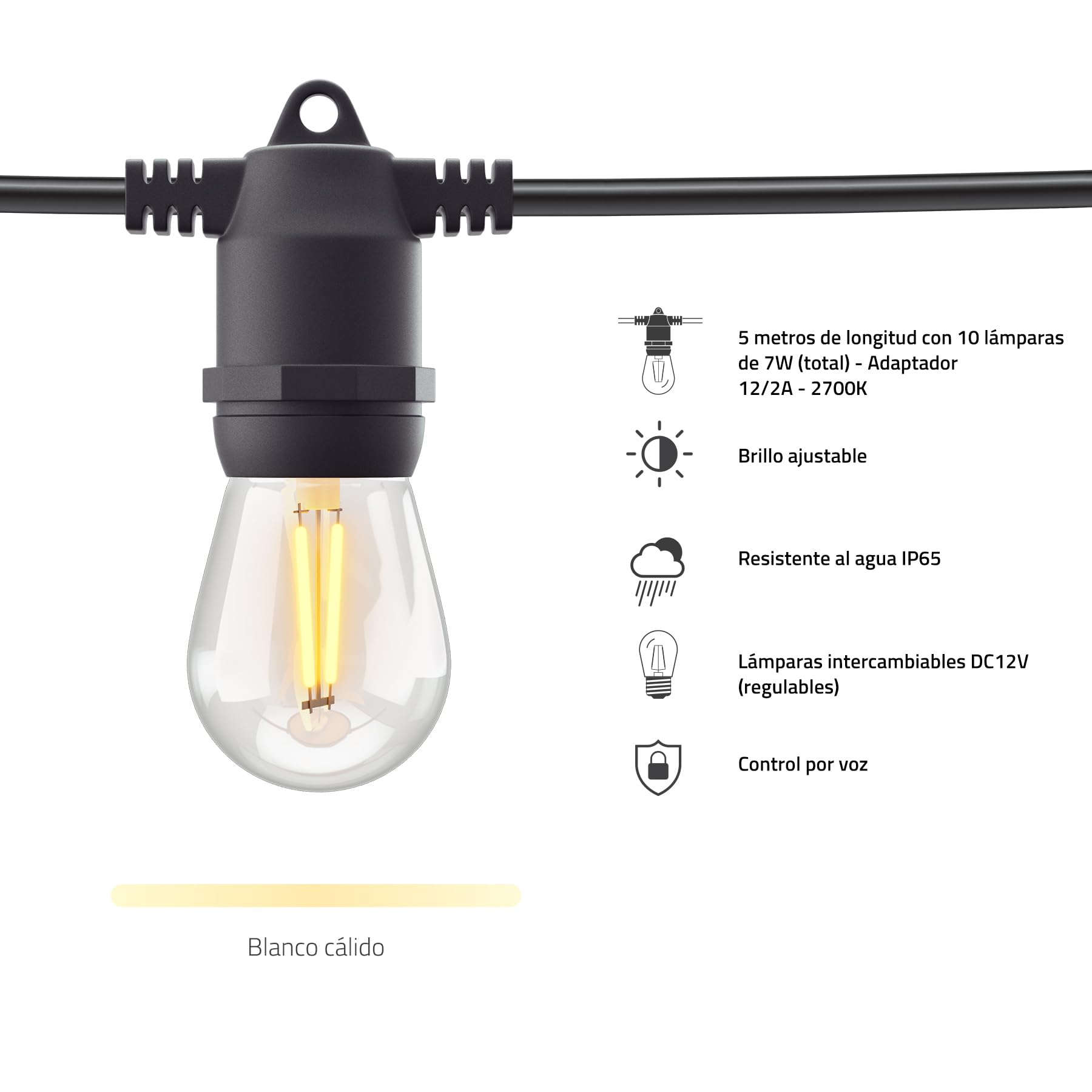 Hombli Extensión para Guirnalda de Luces Exterior, Cable de 5m | 10 Bombillas de Luz Cálida para Jardín, Terrazas, Decoración de Balcón y Bodas | Brillo Ajustable | Control por Voz | Impermeable IP65
