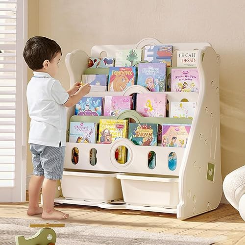 Miniatura 10 de Estantería infantil y almacenamiento de juguetes para niños pequeños, estantería blanca de 4 niveles para dormitorio/guardería/aula, estantería de