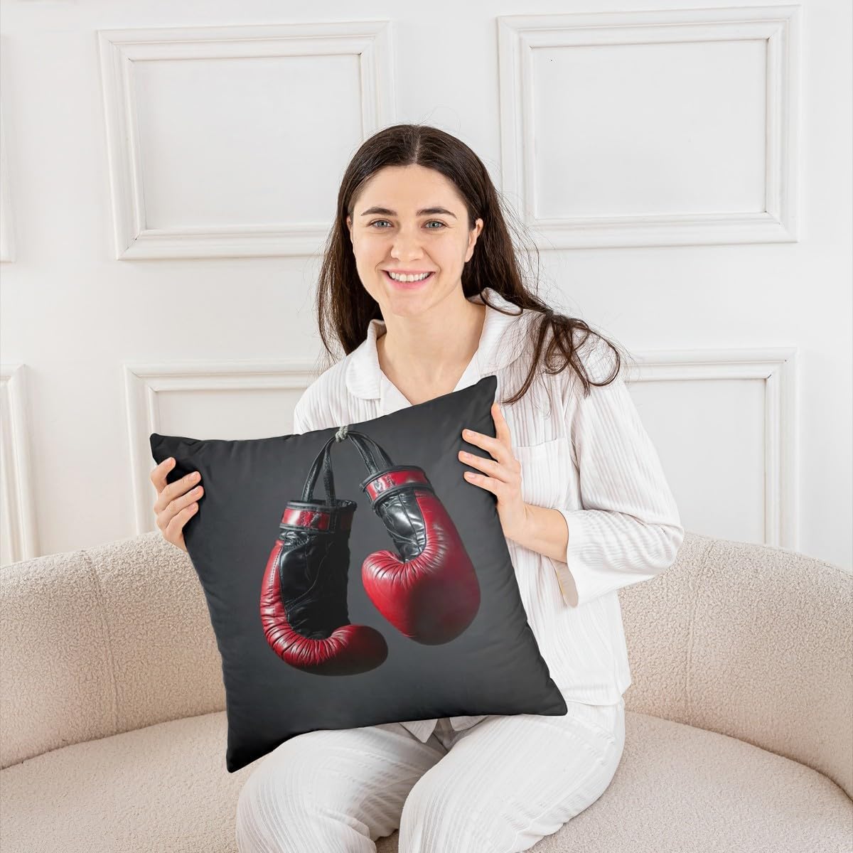 jejeloiu Set of 2 Boxing Throw Pillow Covers,Sports Games Theme Cushion Case for Home Living Room Decor, Reversible Boxing Gloves Red Grey Decorative Throw Cushion Case, 24x24 Inches