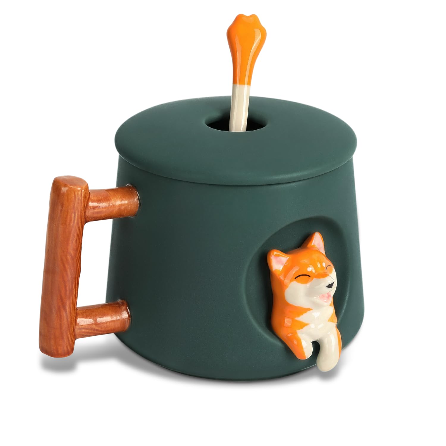 YLOKO Cute Shiba Inu Ceramic Mug wtih Lid and Spoon, 14oz Novelty Coffee Mugs, Cute Dog Cup for Coffee, Tea, Milk, Lovely Gifts for Dog Lovers, Kids, Friends - Green