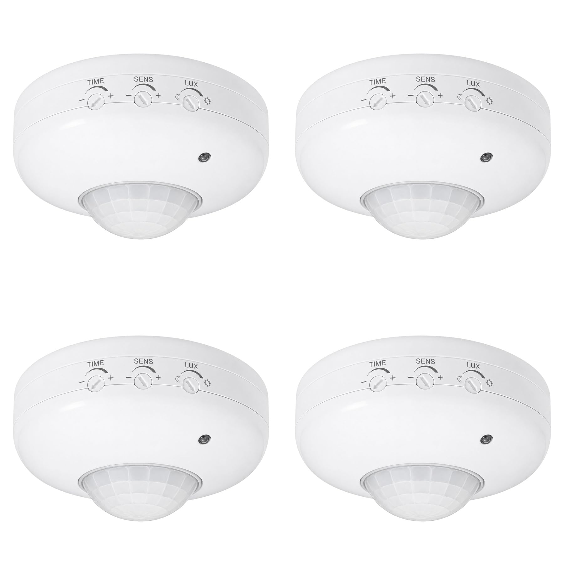 4 sensores de movimiento de techo 360° PIR infrarrojos, detector de presencia para luces 220-240 V, alcance de hasta 6 m, ajuste LUX SENS TIME, IP20, para lámparas LED e iluminación interior