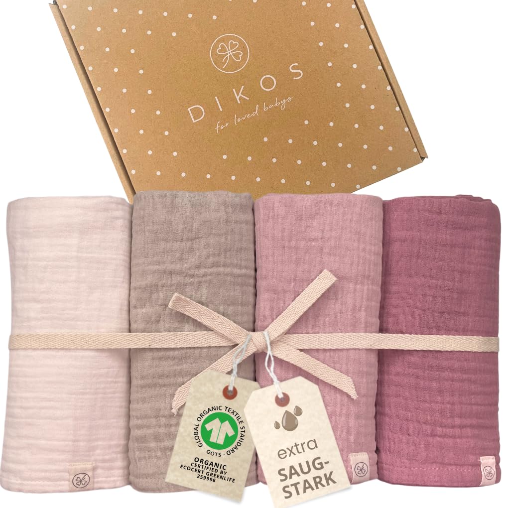 DIKOS® Baby Mulltücher 4er Premium Set (Creme, Taupe, Altrosa & Beere) – 64x64cm – saugstarke Musselintücher aus weicher Bio-Baumwolle (GOTS & OEKO-TEX) – Spucktücher Neugeborene – Geschenk zur Geburt