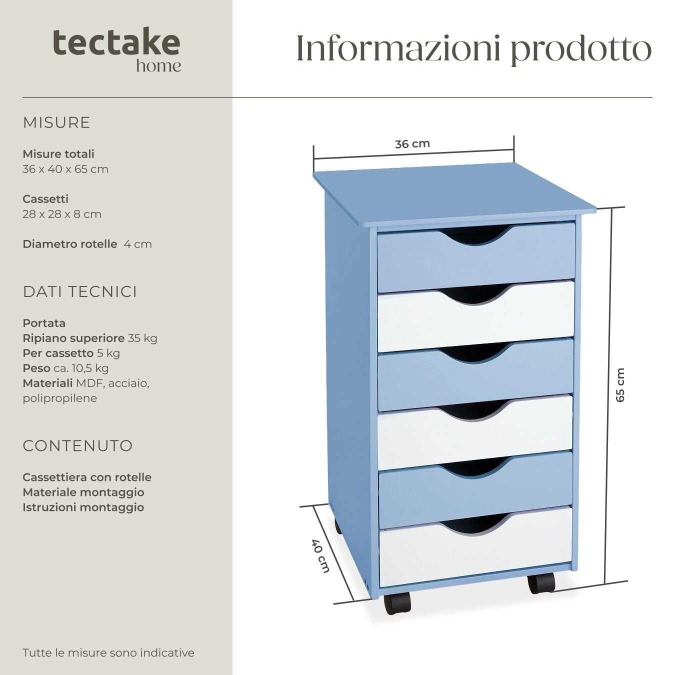 tectake® Cassettiera Ufficio con Ruote 65x36x40cm, Cassettiera Scrivania, Mobiletto salvaspazio 6 Cassetti, Organizer cancelleria, Cassetti Scrivania, Mobiletto con Ruote per Ufficio, Studio - Blu