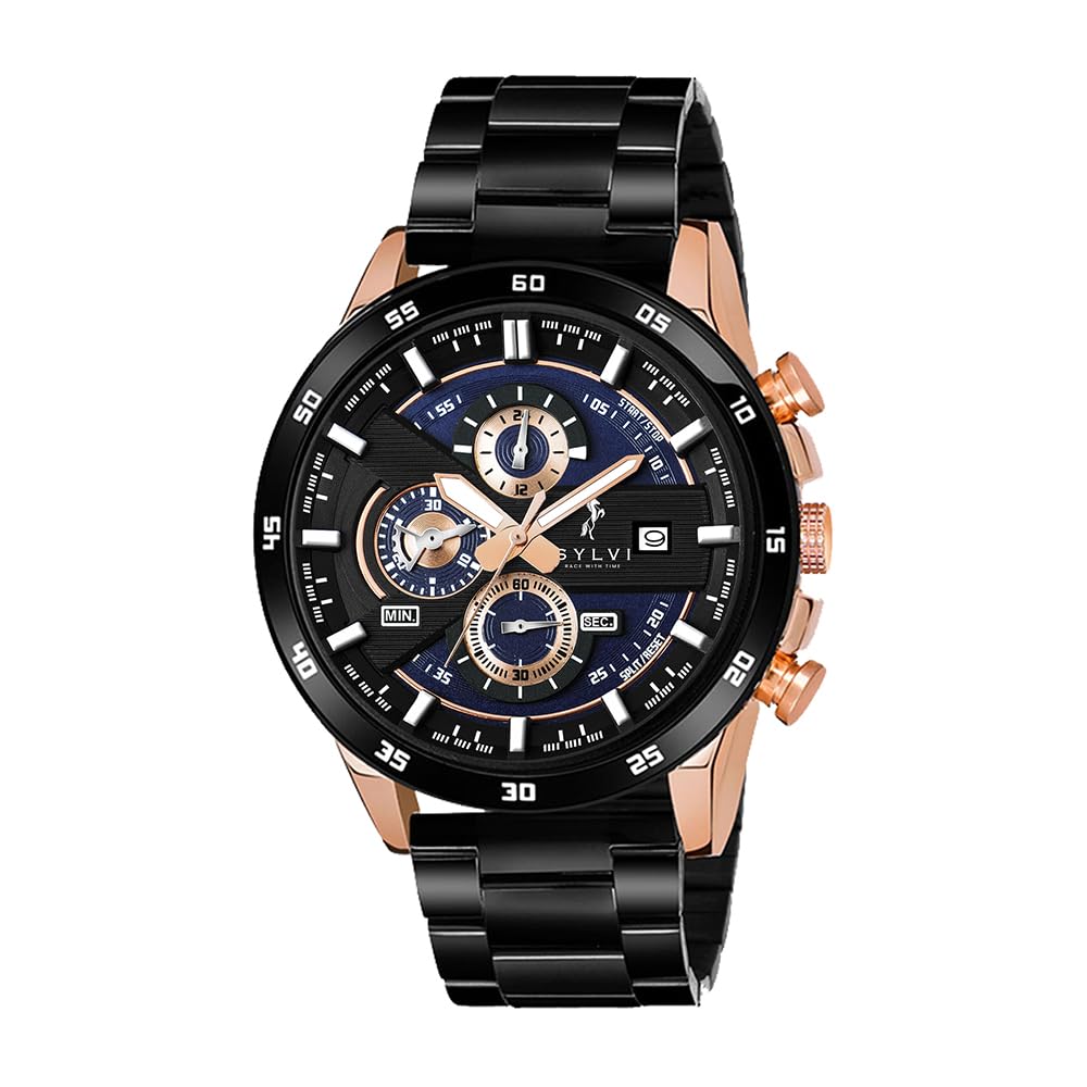 Sylvi Luxury Business Casual Party-Wear Steel Strap Chronograph Date Display Watch for Men | Working Chronograph Watch for Men - 556 Blue RG Steel (B0BS6CMB6W) Amazon Price History, Amazon Price Tracker