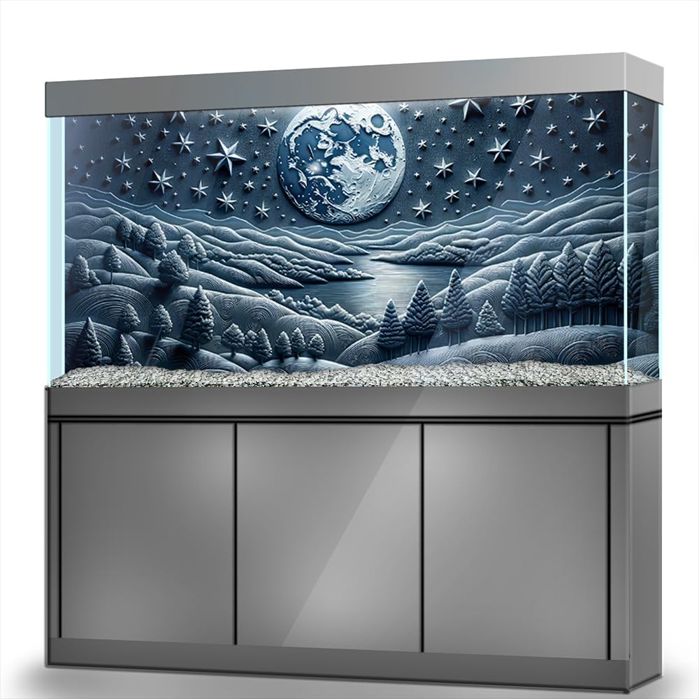 Aquarium Background Stickers - Moon, Mountain, Lake, Tree, Star, Self-Adhesive Fish Tank Reptile Terrarium Decor Poster (120 x 60 cm / (47.2 x 23.6 inches))