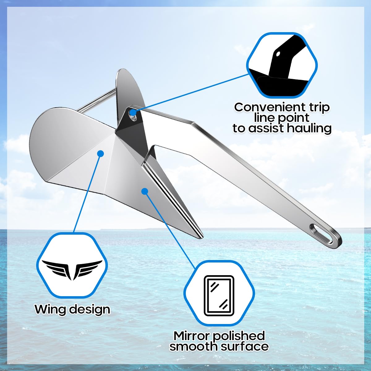 Delta Anchor - Ancre triangulaire robuste en acier inoxydable 316 de qualité marine - 5 kg, 5,9 kg, 7,3 kg, 10 kg, 15 kg, 20 kg - Pour ponton, bateaux de pêche, voiliers, petite ancre