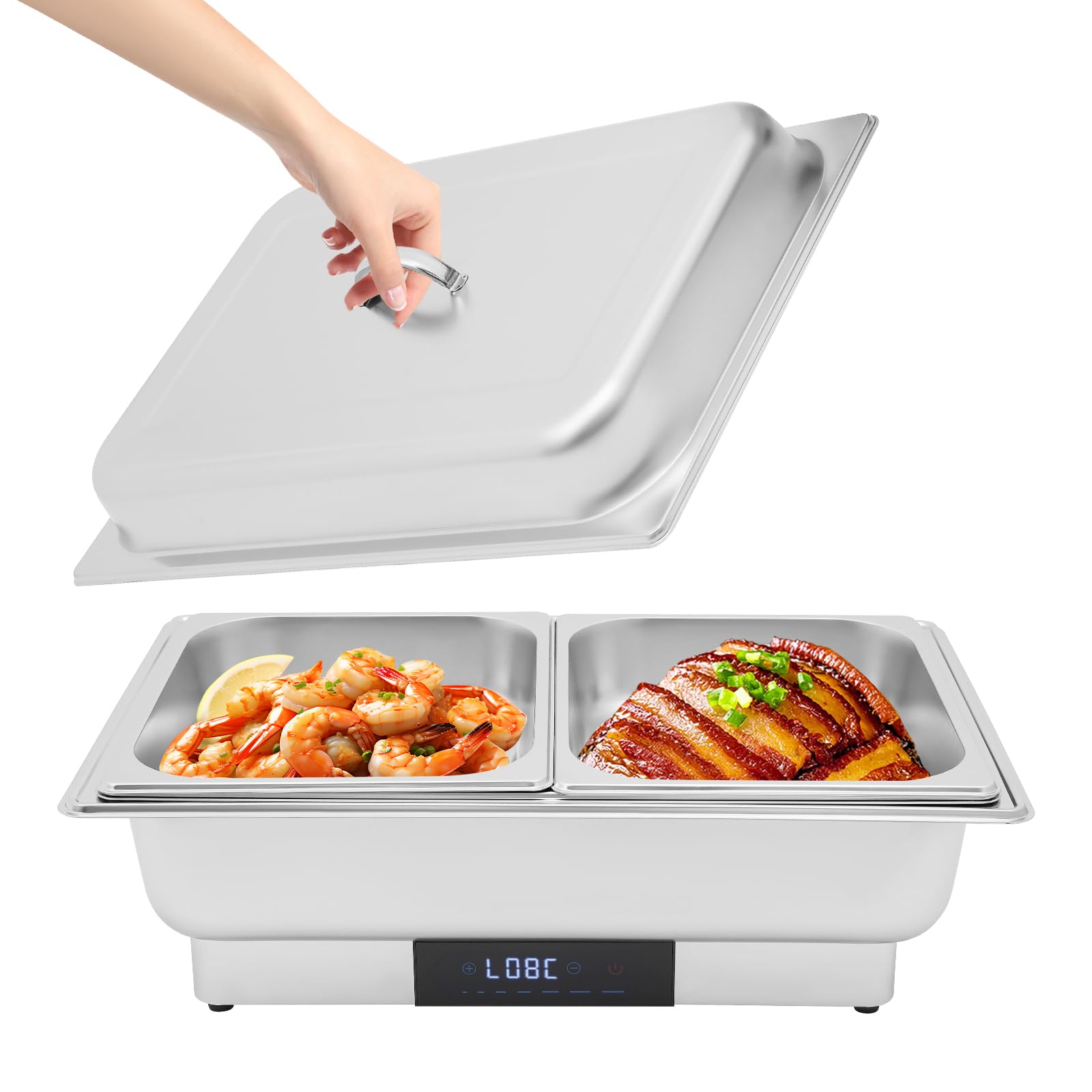 Chafing Dish elettrico in acciaio inox da 9 l, con coperchio e touch screen digitale, per buffet, 35-90 °C, per ristoranti e feste, 56 x 26 x 36 cm (1 scomparto + 2 piccoli scomparti, 9 l)