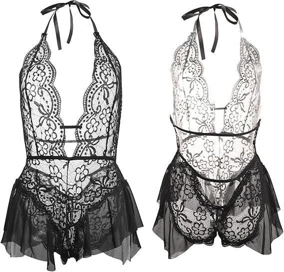WBDWWTD Babydoll Sexy para Mujer, lencería traviesa de Encaje Floral, Body de Peluche con Escote en V Profundo, Ropa de Dormir de una Pieza sin Espalda, camisón Ahuecado, Falda de Malla, camisón de