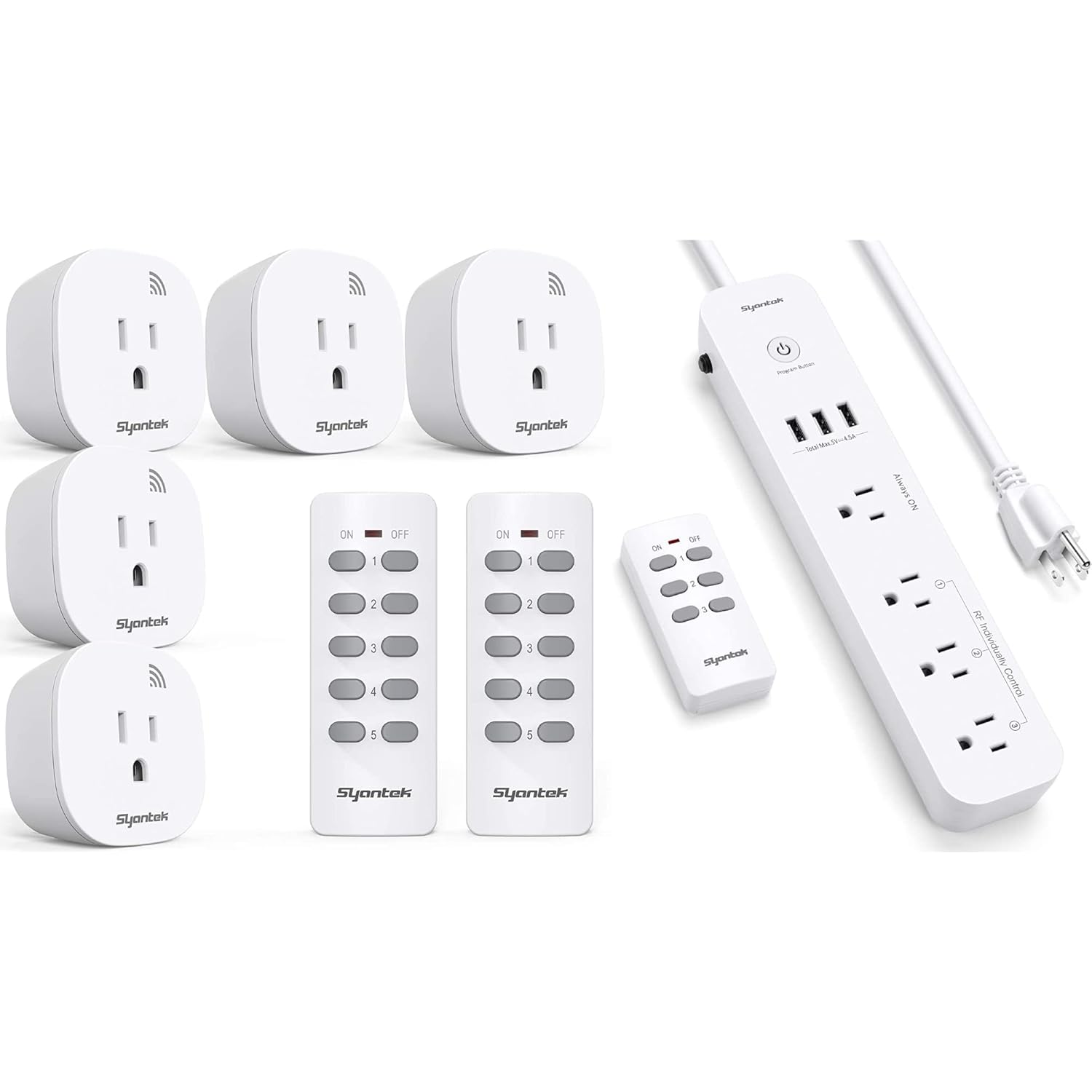 Syantek Remote Control Outlet Wireless Light Switch (5 Outlets + 2