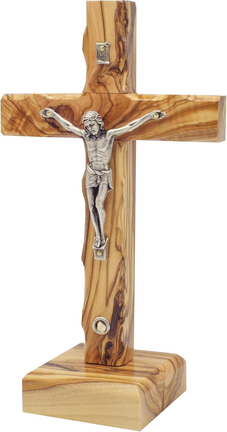 King David Market Olive Wood Standing Crucifix Cross (8 Inch), Freestanding Wooden Table, Altar Cross with Decorative Natural Stone from Jerusalem, Meaningful Christian Gift