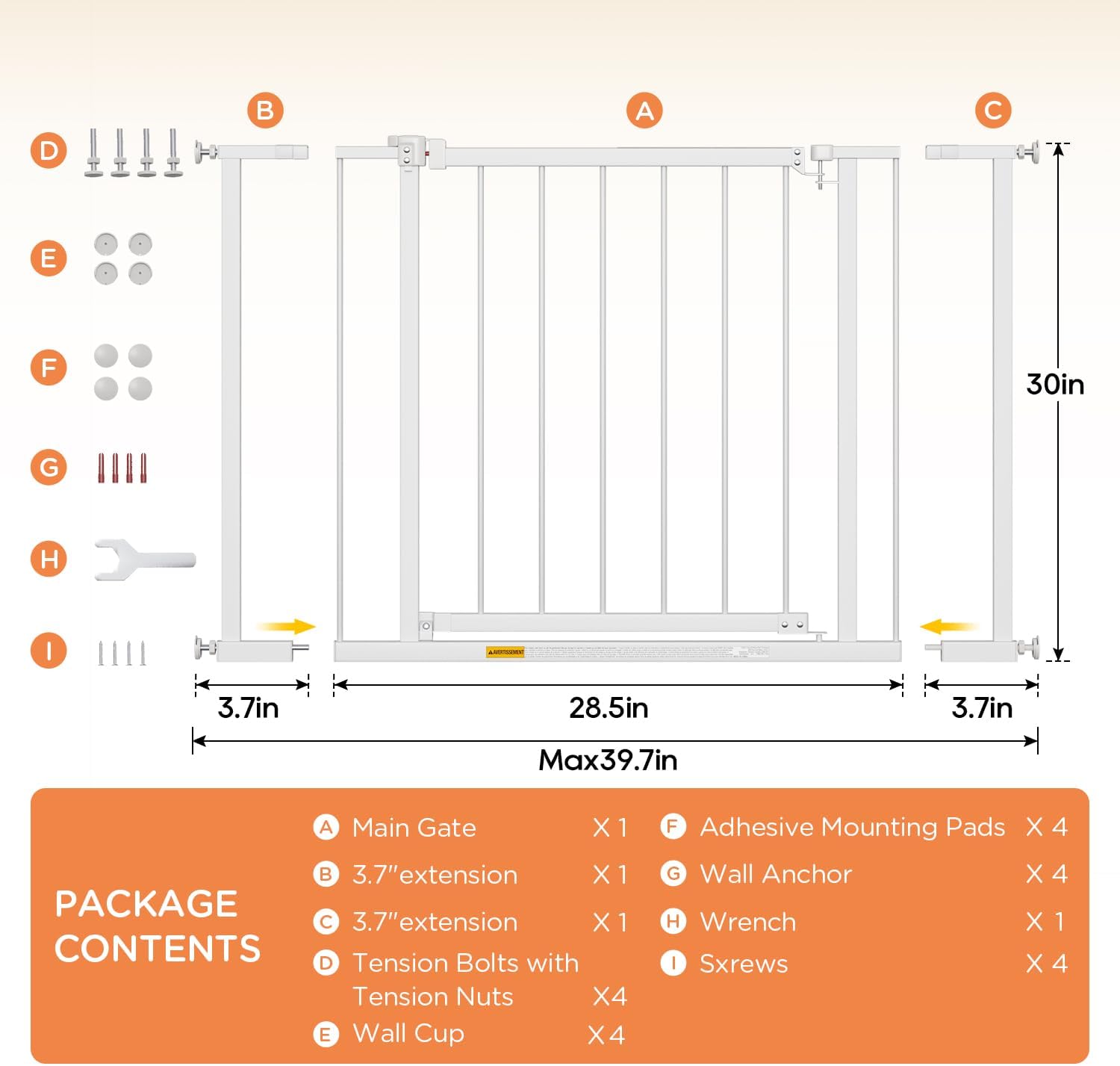 BestPet 30”Tall Dog Gate for Stairs & Doorways, Fits 28.5”-39.7” Wide Openings,Walk-Through Metal Pet Gate for Indoor Use,Adjustable Safety Gates for Pets,White