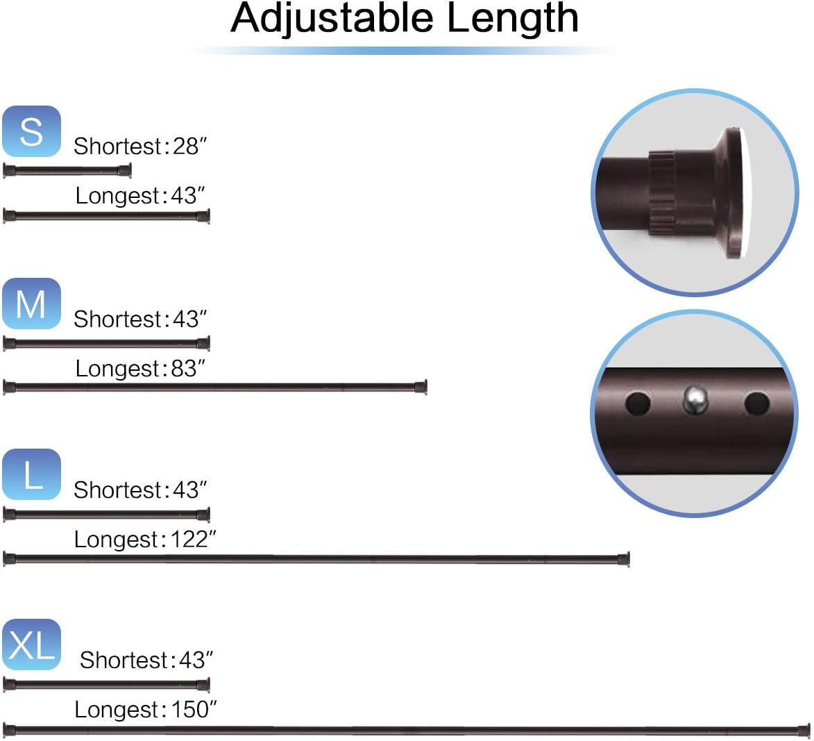 DZHJKIO Shower Curtain Rod Tension Rod Adjustable, No Drill Window Curtain Rod, Tension Curtain Rod Expandable Room Divider Blackout, Extra Long For Outdoor, Living Room - Bronze - 120-150 Inches