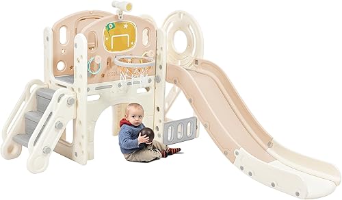 Miniatura 9 de Juego de toboganes 7 en 1 para niños, casa de juegos independiente de escalada en castillos con tobogán, túnel de arco, lanzamiento de anillos y aro