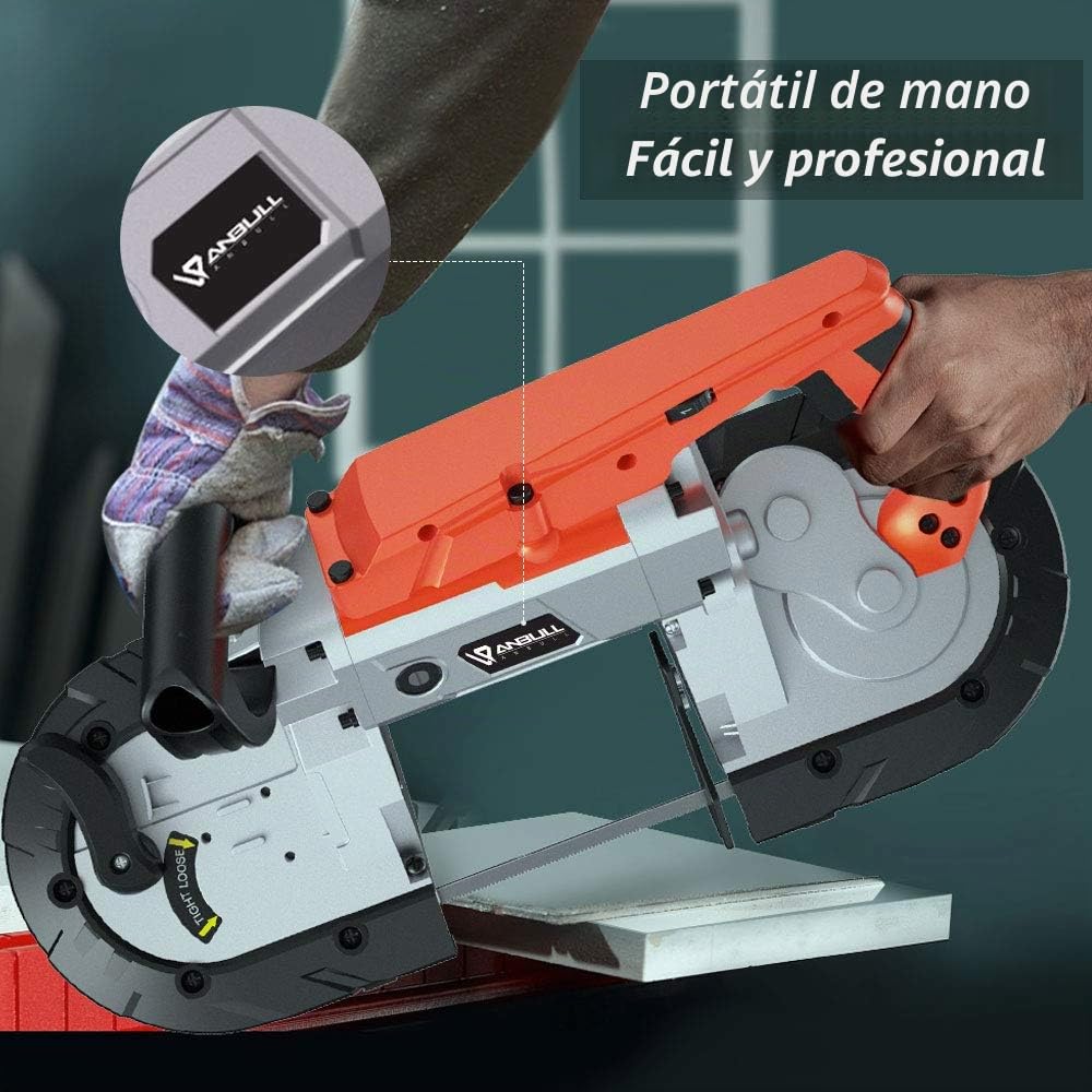 Anbull Sierra de cinta de metal con foco LED, 1100 W/230 V, ajustable 0 – 45 °, sierra de cinta con base extraíble, banco de trabajo de acero aleado