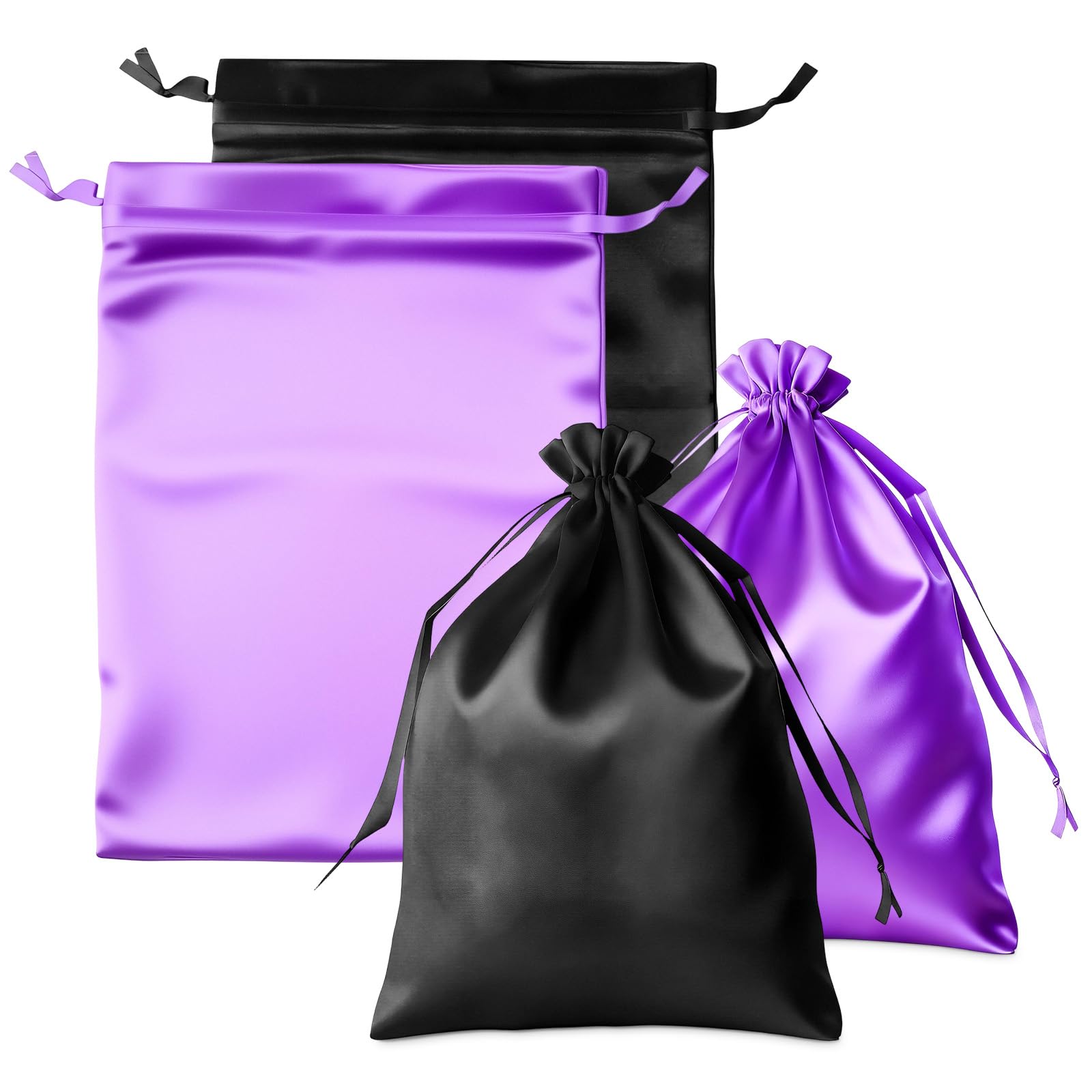 2Pcs Silk Satin Wig Bags, Black and Purple Satin Gift & Travel Bag with Drawstring Tassel, Hair Bags for Packaging Wig, Bundles, Hair Extensions, Storage Sacks for Home, Salon, Travel 13.6"x9.8"