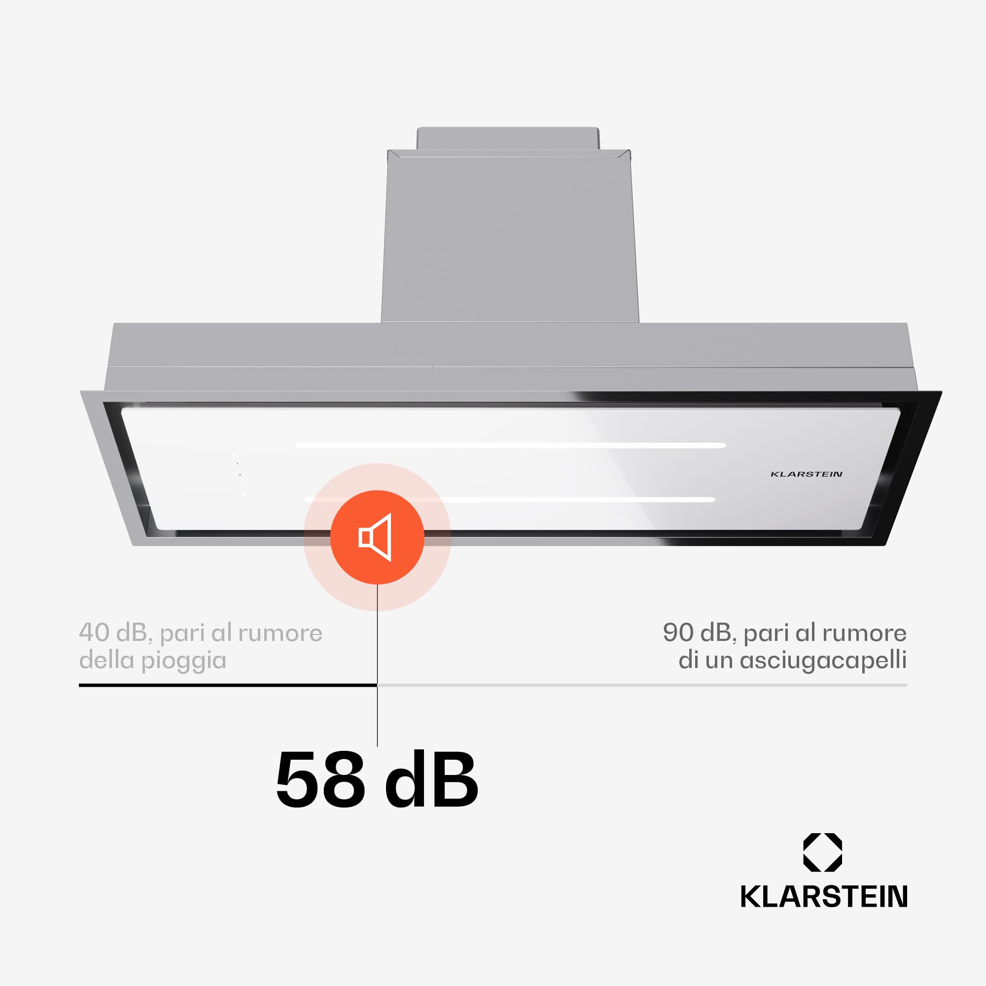 Klarstein - Cappa aspirante con filtro d’alluminio lavabile in lavastoviglie, silenziosa a scarico, 410 m³/ora di flusso d’aria, efficienti cappe a parete con LED & controlli touch