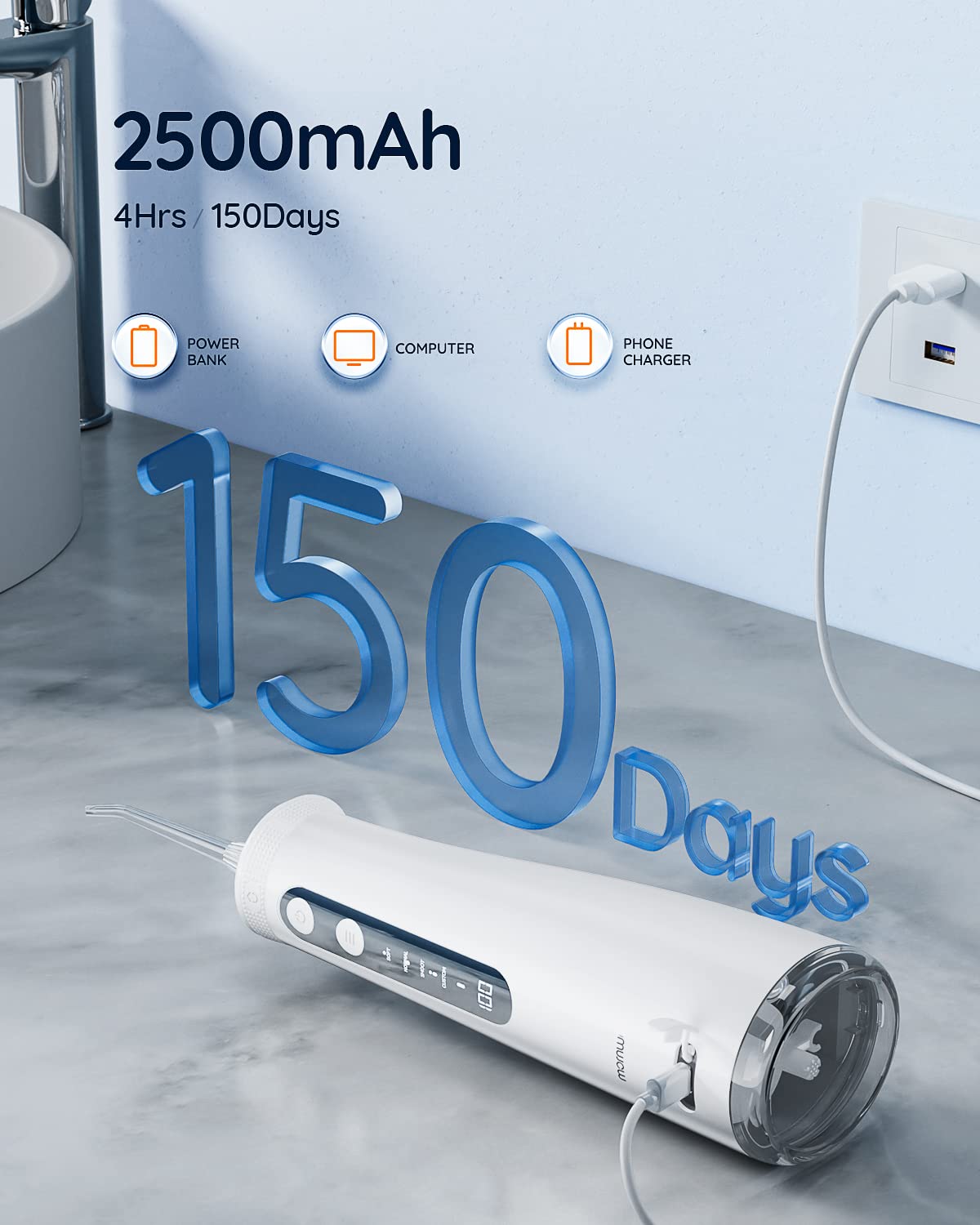 Mornwell Hydropulseur jet Dentaire, 270ml Irrigateur Oral Sans Fil Professionnel, 6 Buses, 4 Modes d’impulsion, USB Chargé pour 150 Jours D'utilisation, IPX7