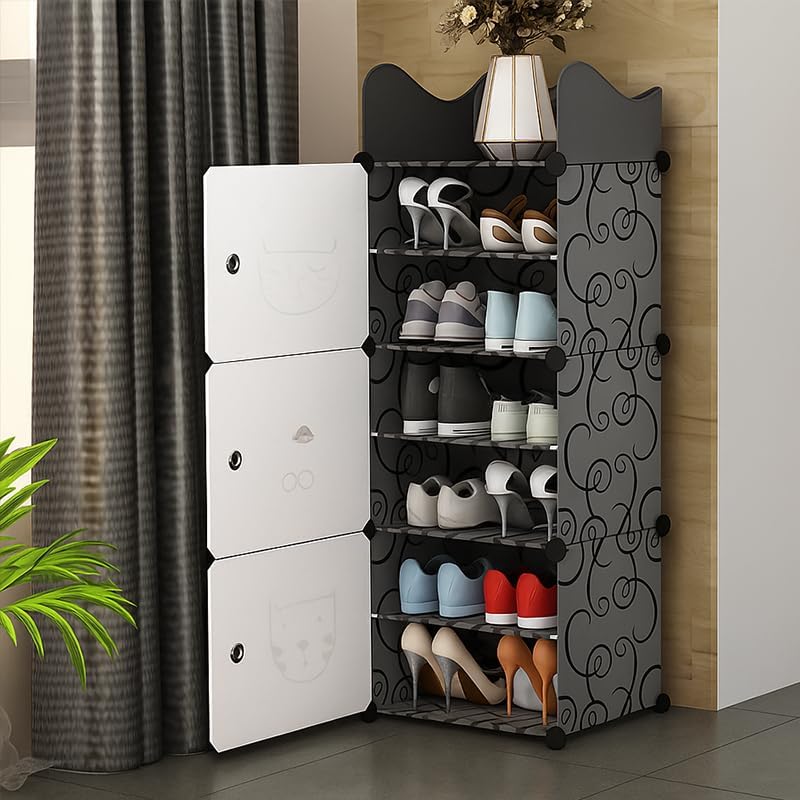Image of Sunderlook Shoe Rack Plastic for Home- Slipper Stand, Professional Shoe Stand, Chappal Stand, Multipurpose Foldable Standing Comfort Runner Shoe Rack with Door (Black & White, 6 Shelf 3 Door)