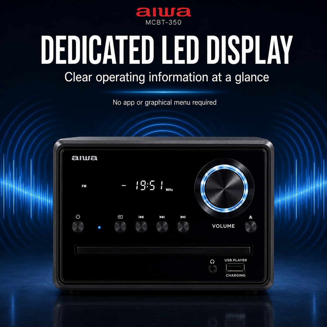 AIWA - MCBT-350, Mini Sistema Hi Fi Clase D de 20 W, Reproductor de CD MP3, Bluetooth 4.2 inalámbrico, Radio FM Digital 40 emisoras, USB Reproducción de Carga, entradas RCA, Salida de Auriculares