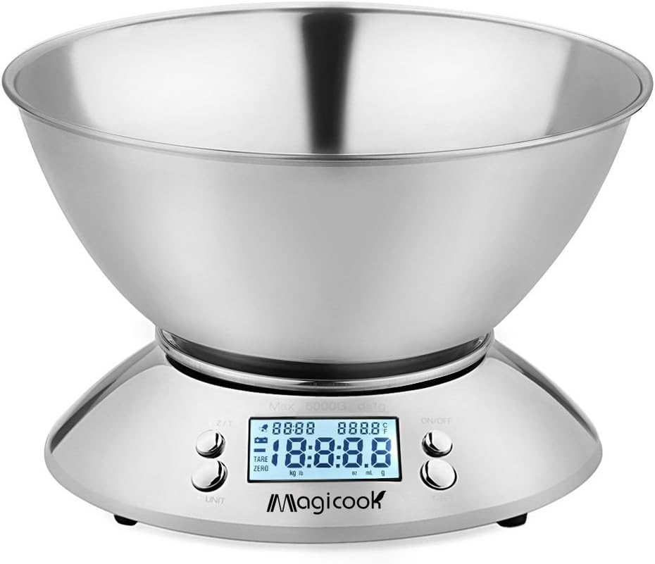 Digital Kitchen Scale Multifunctional Stainless Steel Electronic Food Scale with Removable Bowl Precise Measurement, Room Temperature, Timer, 11LB/5KG, LCD Display Backlight