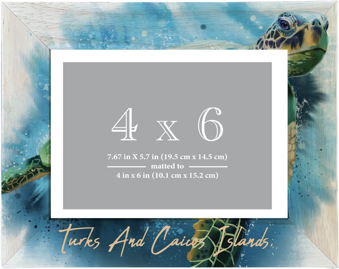 Turks And Caicos Islands Caribbean Souvenir Wooden Photo Frame Turtle Design Matted to 4 x 6"