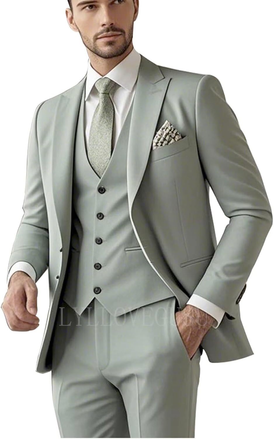 Slim Fit Suits 3 Piece Suit for Men Wedding Suit Sets Two Button Peak Lapel Blazer Single Breasted Vest Pant