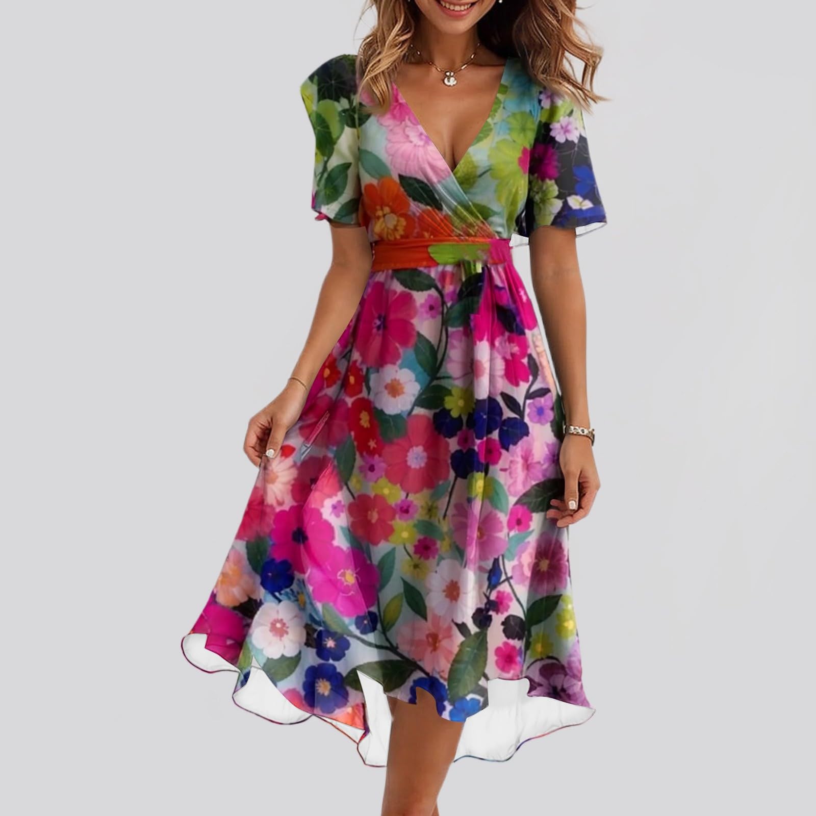 Générique Robe Femme Imprimé Abstrait Col Rond Manches Bouffantes Taille Nouée Ample Longue Décontractée pour Été Quotidien