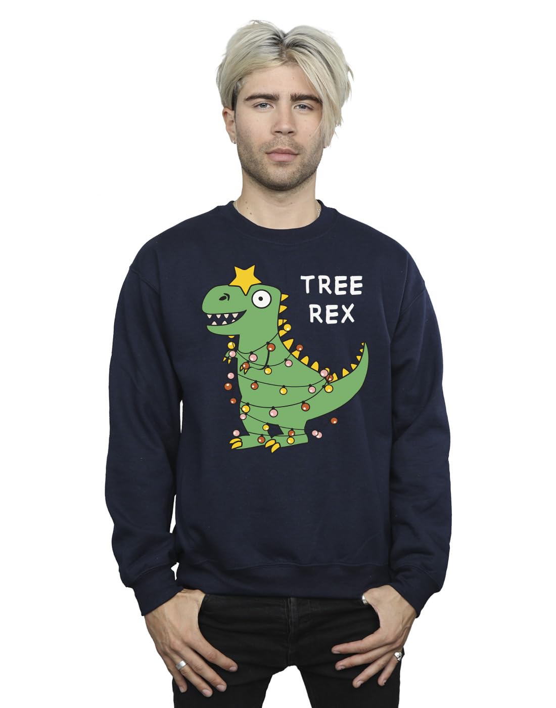 Absolute Cult Christmas Men's Tree Rex Sweatshirt Navy Blue Medium