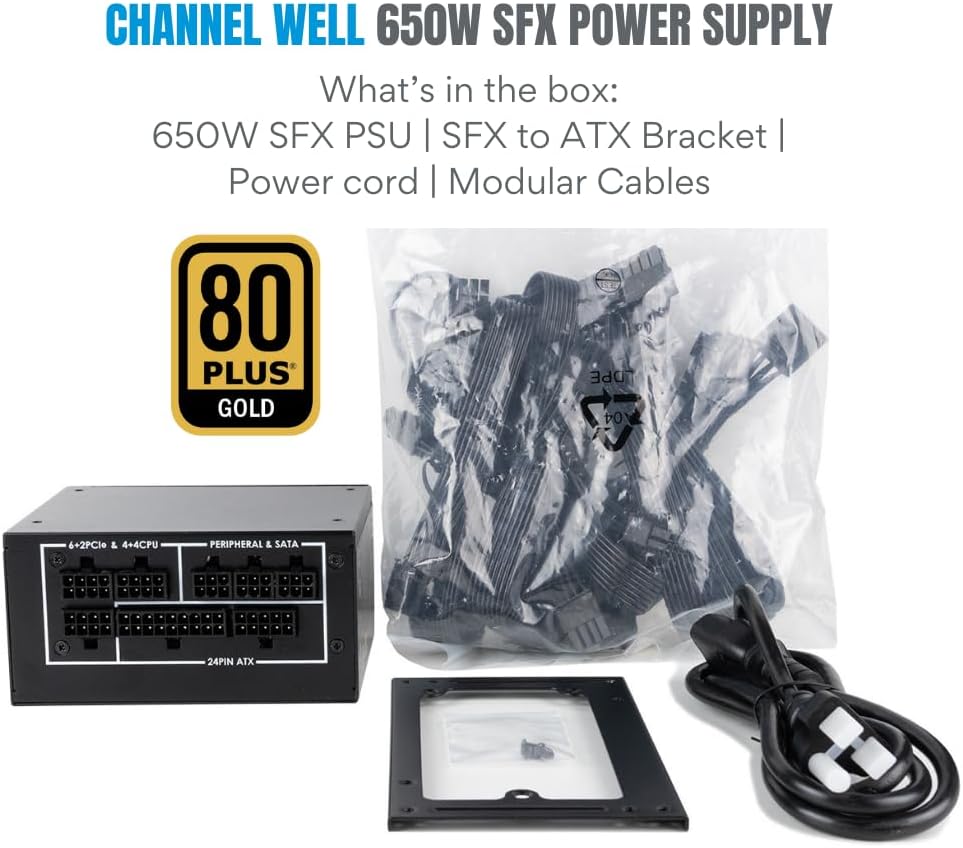CHANNEL WELL 650W SFX Power Supply (80 Plus Gold Certified, SFX Form Factor, with SFX to ATX bracket included) Fully Modular Power Supply with Industrial Grade Capacitors, 3 Year Warranty