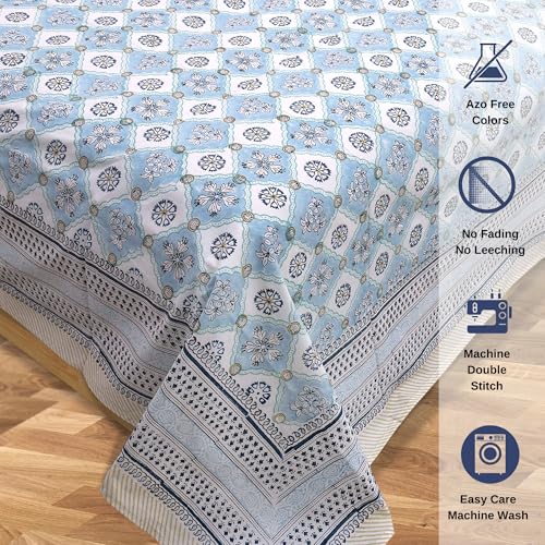 Image of TOAI Hand Block Printed Bedsheet | Bed Spread Flatsheet Bed Sheet | Pure Cotton | Double Bed King Size 108 inchx108 inch | 300 TC Long Staple Cotton | 2 Reversible Pillow Covers |Small Blue Jaal