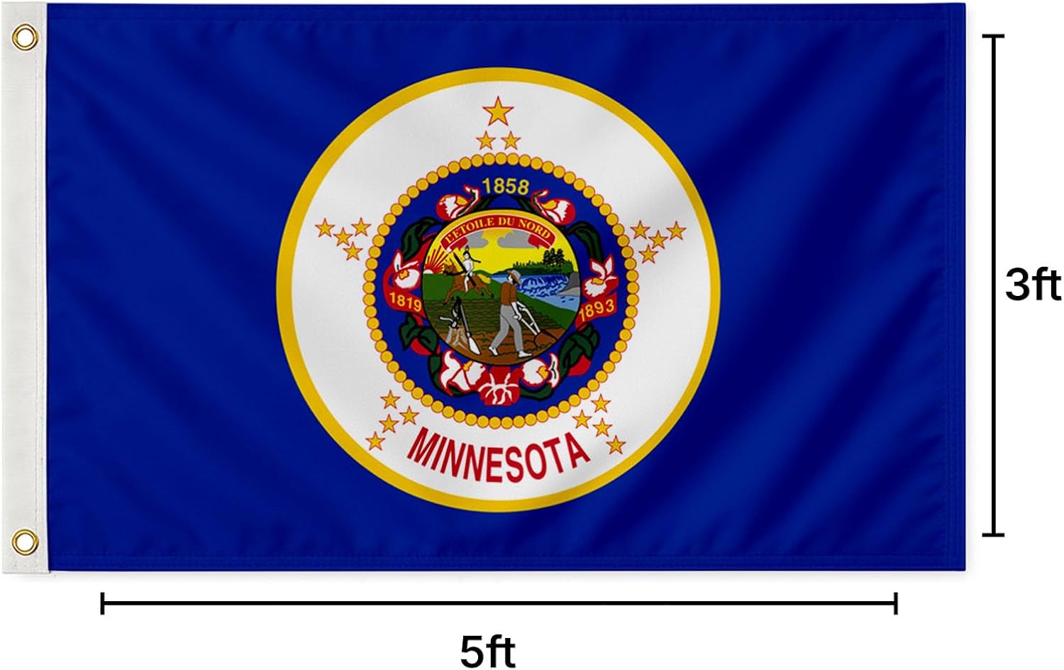 AGAS Minnesota State Flag 3x5 Ft - Single Ply Reverse Print on Back 200D Nylon 100% Bleed Through - Brass Grommets Stitched Edges Fade Proof Sharp Colors - Indoor/Outdoor Standard Size Minnesota Flag