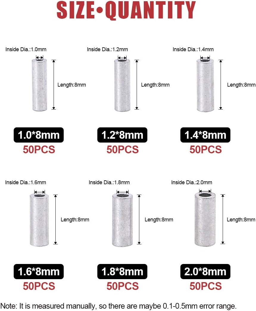 Hilitchi 600 Pcs 6 Sizes Single Barrel Crimp Sleeves Mini Aluminum Crimp Sleeves Connector Kit for Fishing Line for 1.0, 1.2, 1.4, 1.6, 1.8, & 2mm Fishing Wire Dia.