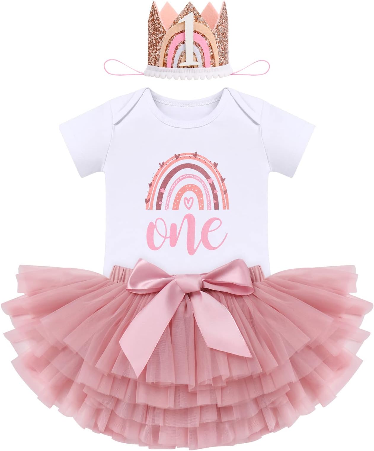 Boho Rainbow First Birthday Outfit for Baby Girl Cake Smash Photo Shooting Romper Tutu Skirt Headwear 3pcs Set