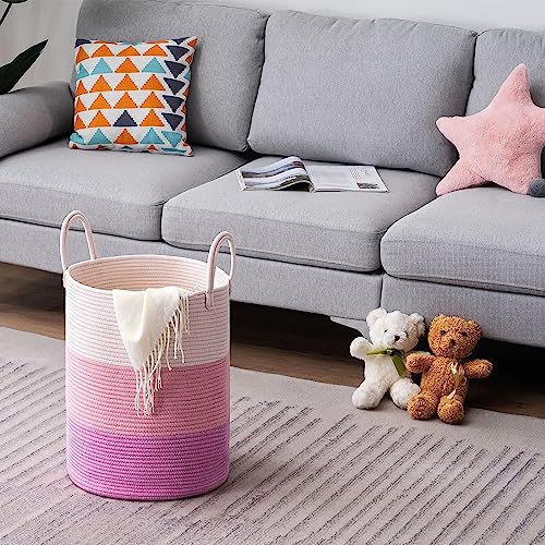 Image of Woven Rope Laundry Hamper Basket, Baby Nursery Hamper For Blanket Storage, Clothes Hamper For Laundry In Bedroom,Hall ( Extra (100L) (14 inchx14 inchx19 inch),(Pink))